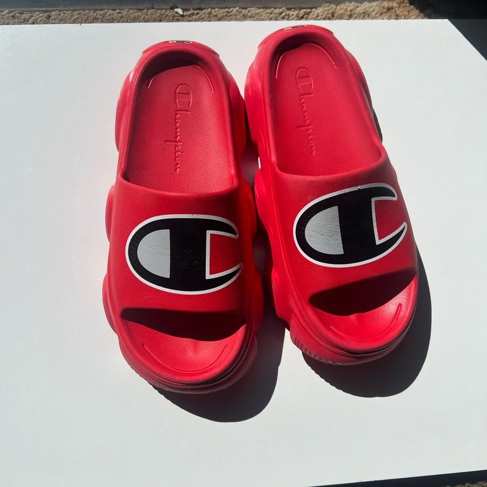 Champion Red Slide Sandals with Black & White Logo